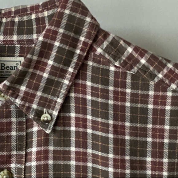 LL Bean cotton Shirt Size Medium Long ML brown plaid burgundy red Button Down - Picture 9 of 16